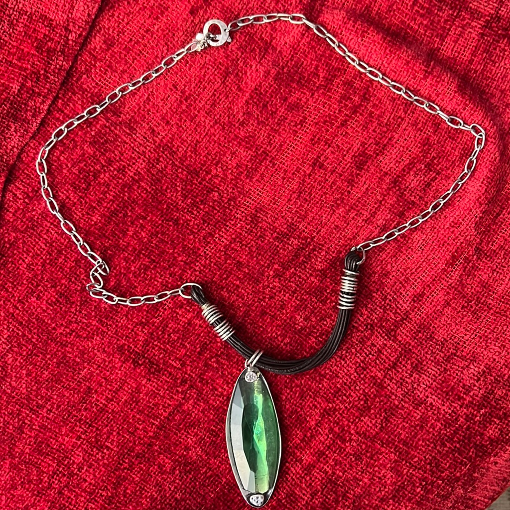 Vintage Rlm Soho Heavy Silver Tone Boho Statement Necklace Green Glass